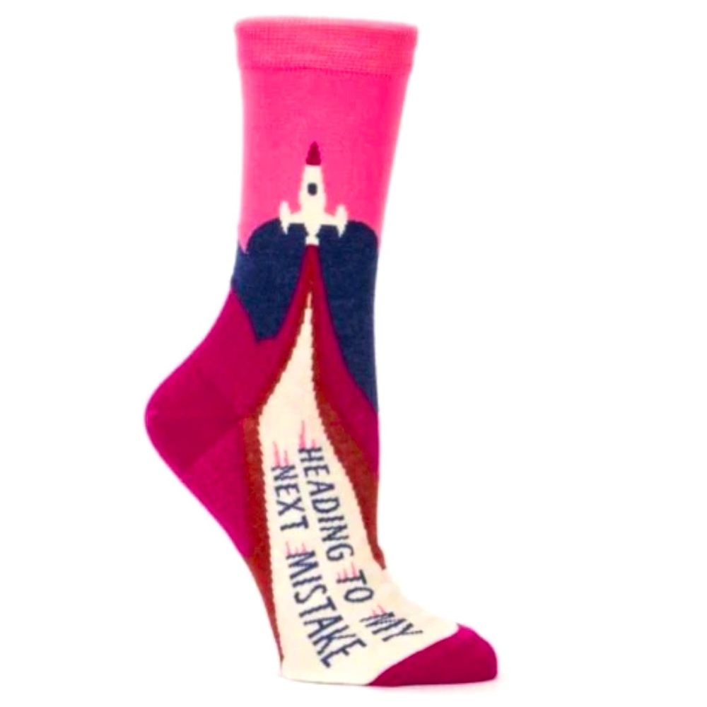 Blue Q Crew Socks Women’s “Heading To My Next Mistake” Pink Purple Rocket NWT